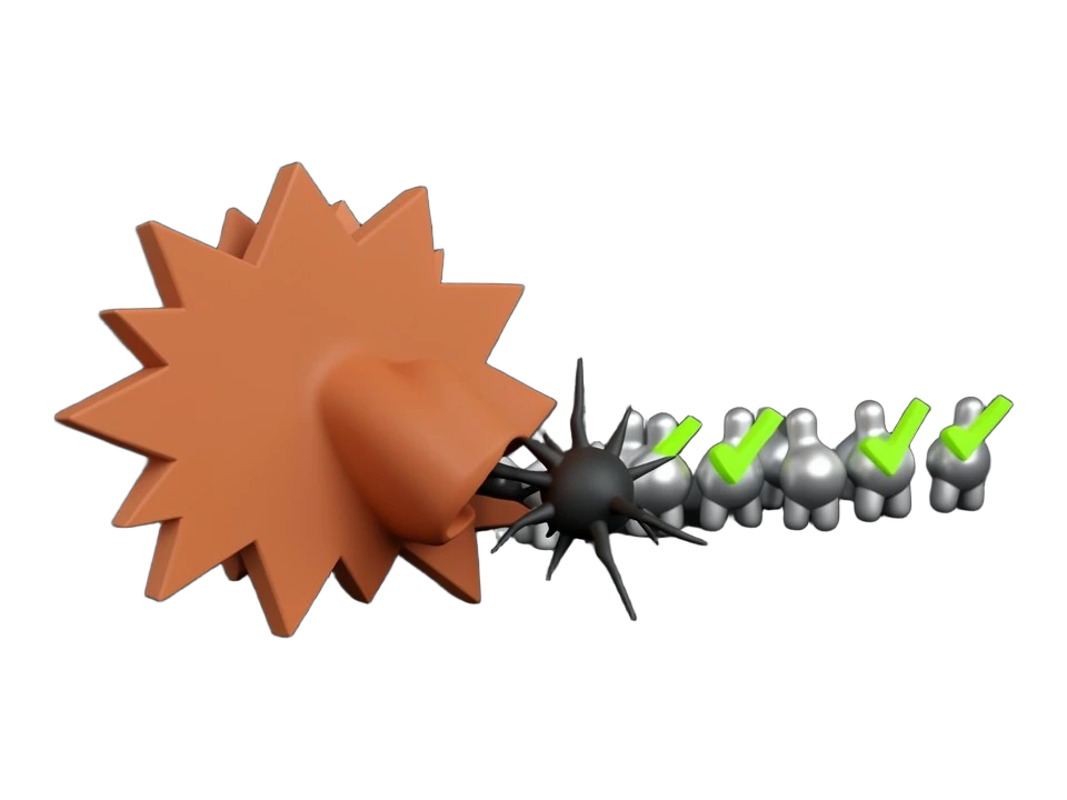 Claude's terracotta-orange many-rayed starburst emblem on a solid lab tile beside a folded protein shape clamping onto a spiky scorpion-venom molecule. A row of seventeen small sol