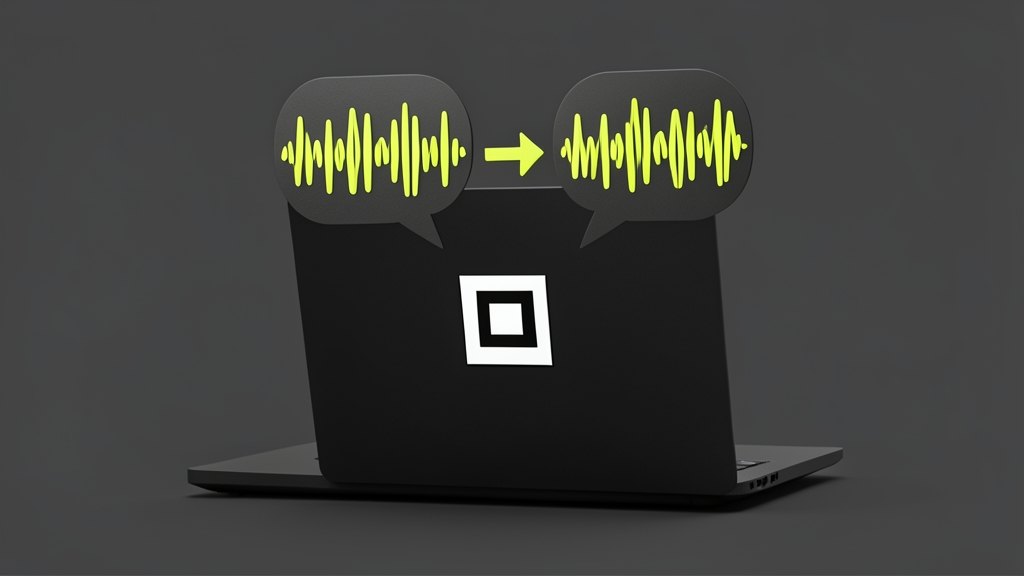 A solid laptop with Block’s recognizable black-and-white square block emblem on its lid; above it, two thick speech bubbles face each other, each filled with a waveform, and a shor