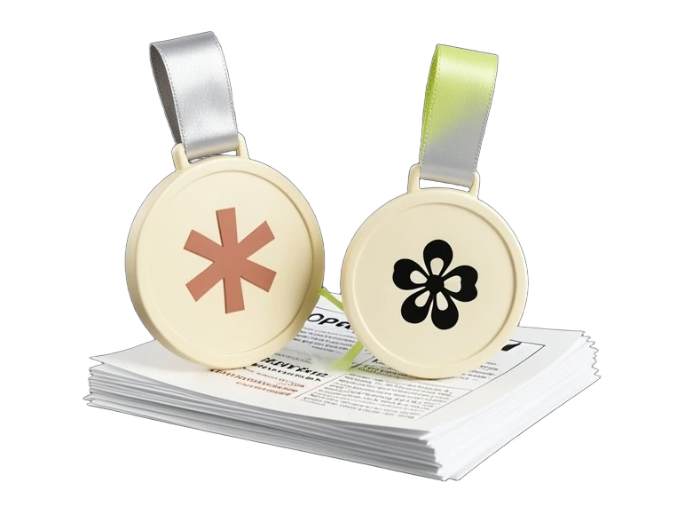 Two solid award medals on short ribbons side by side, one stamped with Anthropic's terracotta asterisk, one with OpenAI's black Blossom symbol; the OpenAI medal's ribbon snaps and 