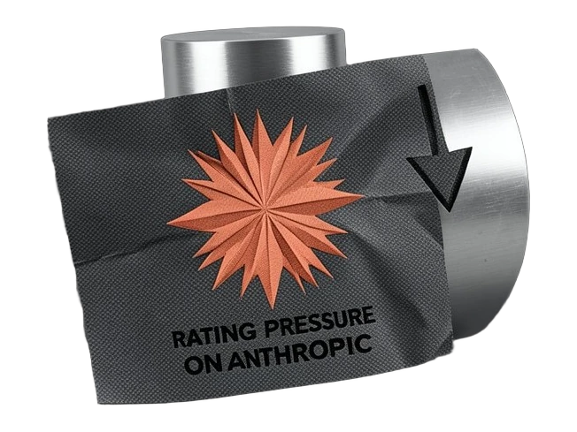 A thick dark bond certificate embossed with a large front-facing terracotta Anthropic starburst, bent under a heavy metal weight; a downward arrow is cut into the weight's side, an