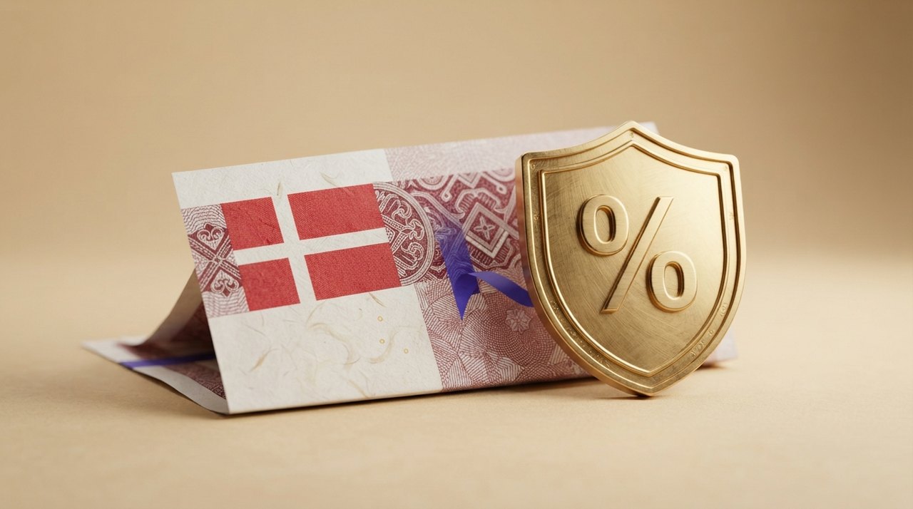 En pengeseddel med et officielt nationalflag og et guldskilt med et procenttegn.