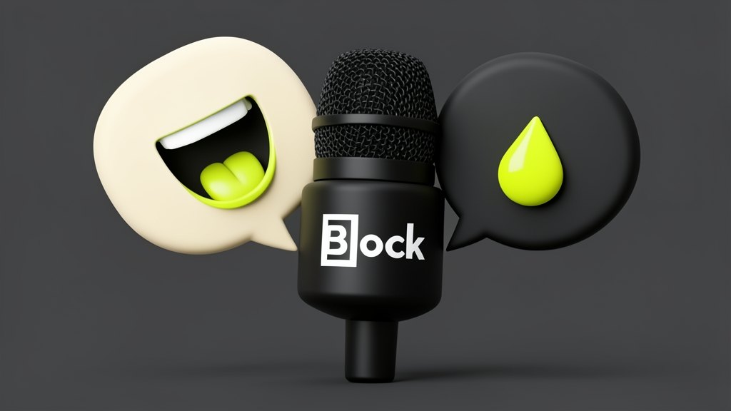 A solid studio microphone carrying the black Block square emblem on its body, flanked by two thick opaque speech bubbles: the left bubble contains a laughing open mouth, the right 