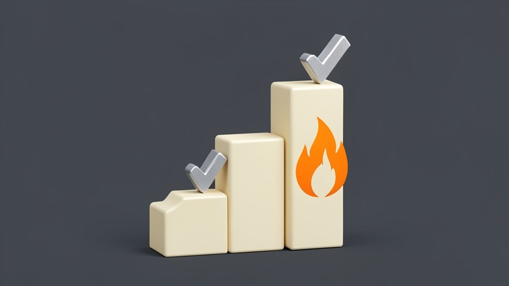 Four solid stacked bars of increasing height form a rising line-chart shape, each bar topped by a small checkmark badge, the tallest bar carrying Mistral AI's orange flames mark; t