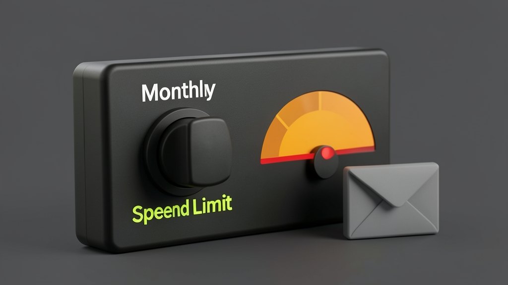 An opaque control panel with a prominent AWS logo on a solid front plate shows a monthly spend limit switch clicked firmly into the off position, pausing a project mid-month; a sep