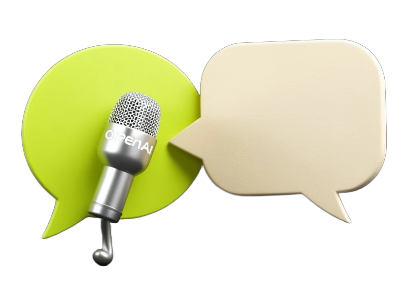 A microphone marked with the OpenAI Blossom symbol in white pressed against a solid speech bubble that is being pushed aside by a second opaque block, depicting a press officer int