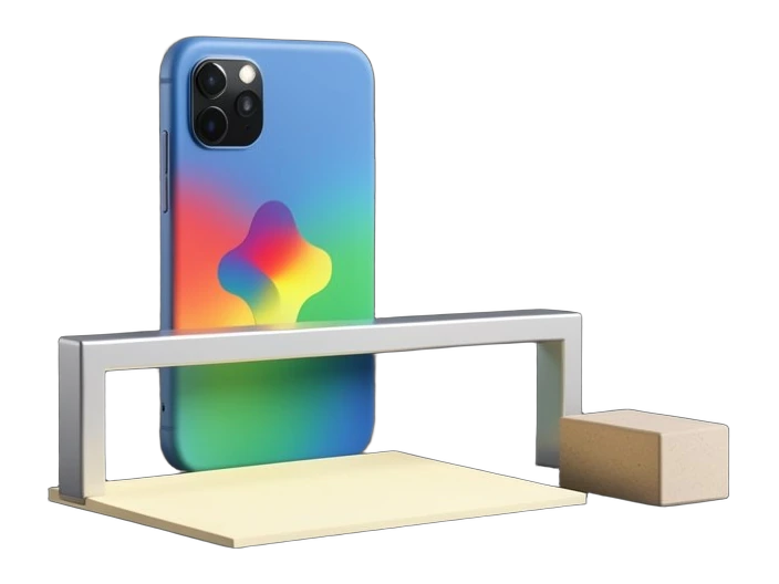 A chunky solid phone stands upright with the concave four-point Gemini spark in Google's blue, red, yellow and green gradient across its opaque back; in front, a thick scanning fra