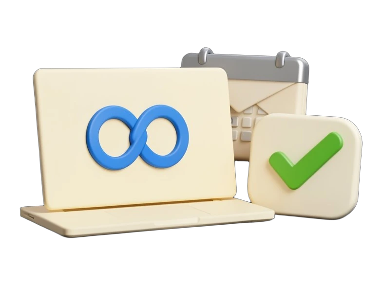 A solid opaque laptop seen at a slight angle with a blank screen, Meta's blue infinity-loop symbol placed large and centred on the lid. Beside it stands a solid opaque rounded perm
