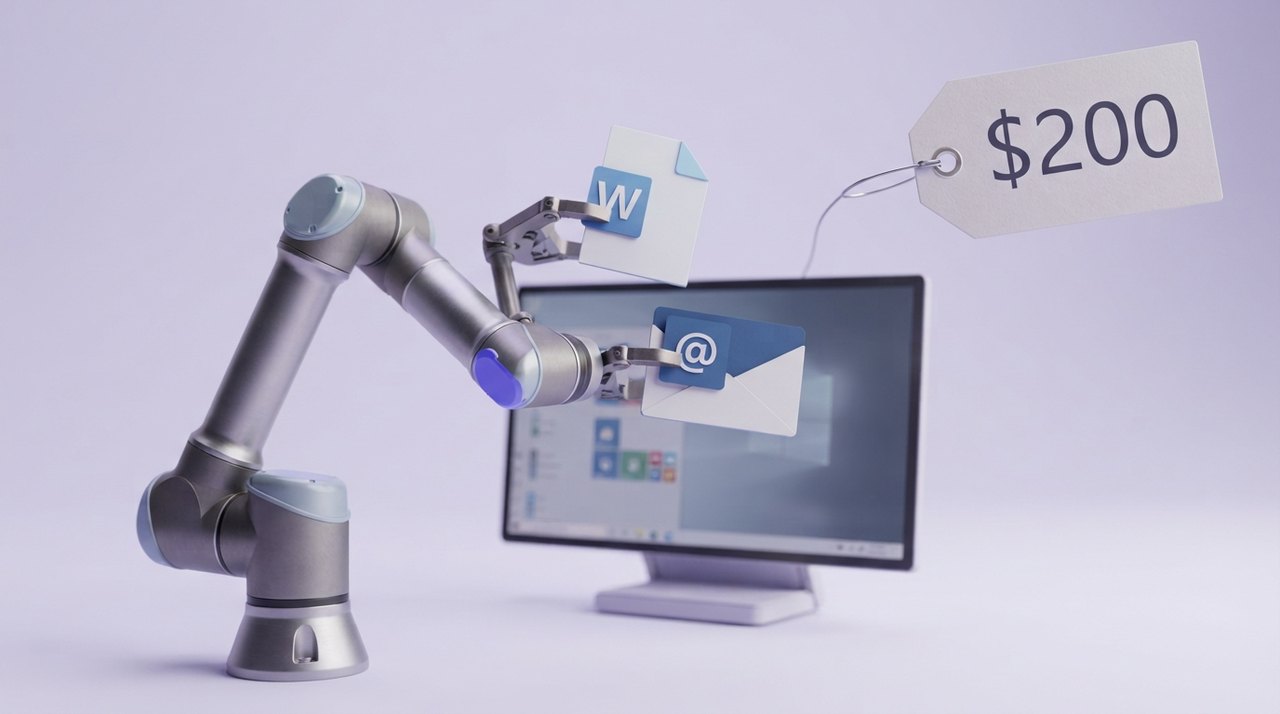 En Windows-skrivebordsskærm med en robotarm, der har fat i en Word-fil og en Outlook-mail samtidig, med et stort pris-skilt på 200$ i hjørnet.