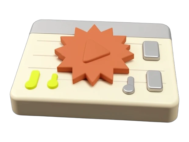 A solid terracotta-orange Claude starburst mark centred on a thick rectangular music score slab, with a large triangular play button pressing into its surface and short bold note b