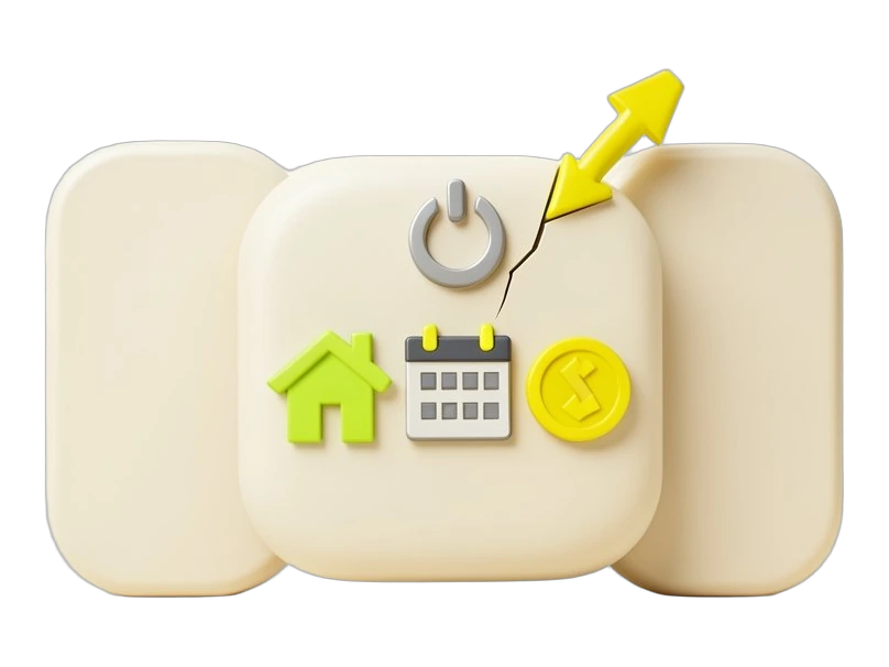 A solid rounded family-assistant app tile bearing a simple house, calendar and coin symbol, with a power symbol carved into its top, squeezed between two thick blank app-shaped sla