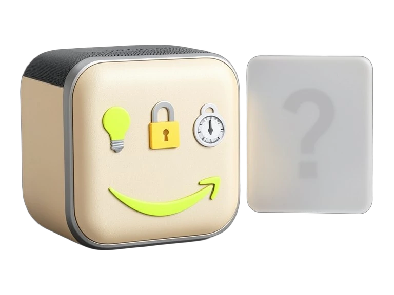 A solid smart speaker with Amazon's recognizable arrow smile beneath it, projecting three bold command icons—a lightbulb, a lock, and a thermostat dial—while a hazy blank card besi