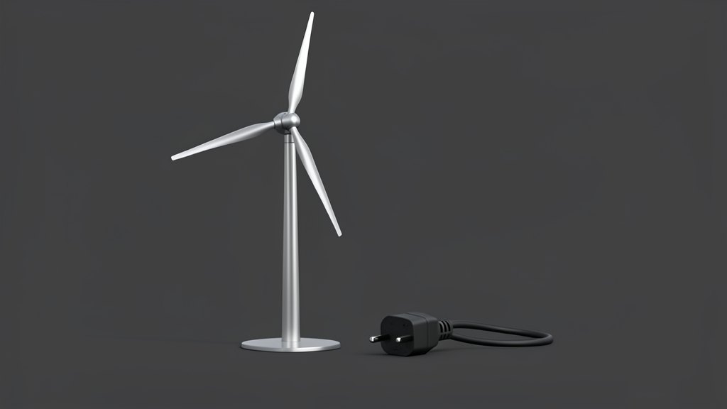A small wind turbine rotor on a steel mast beside a heavy industrial power plug on a thick cable and a sealed steel box with a coin slot.