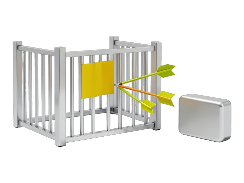 An open fenced enclosure representing a simulated capture-the-flag test network, its gate panel left ajar with a small solid flag inside; three solid arrows escape through the gap 
