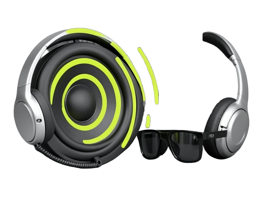 A large solid loudspeaker cone emitting thick, clearly separated concentric sound-wave arcs that travel right toward a pair of over-ear headphones and a pair of smart glasses; behi