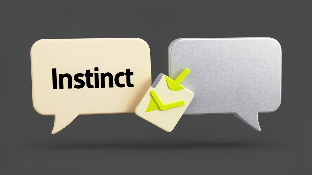 Two solid chat message bubbles facing each other, the front one carrying a front-facing opaque panel with the text 'Instinct' in bold black lettering filling about a quarter of the