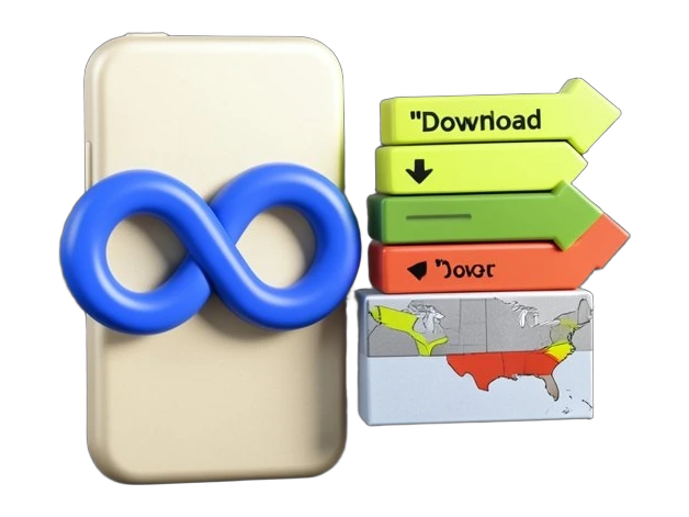 Meta's blue infinity-loop symbol sits on a solid smartphone-shaped rectangle, with a stack of solid download-tray arrows accumulating rapidly beside it and a solid bar showing a sm