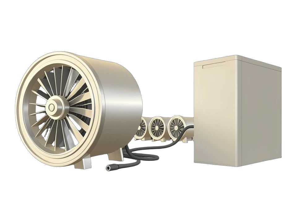 A single large industrial gas turbine with a thick cylindrical housing and clear compressor blades sits on the left, separated by a wide gap from a solid opaque AI data-center bloc