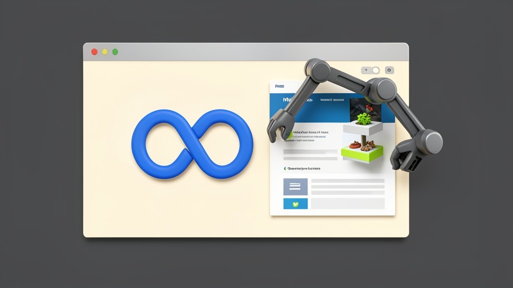 The Meta infinity-loop symbol in Meta's blue colours sits front-facing on a solid opaque web page panel, while a solid robotic crawler arm reaches across the panel to harvest stack