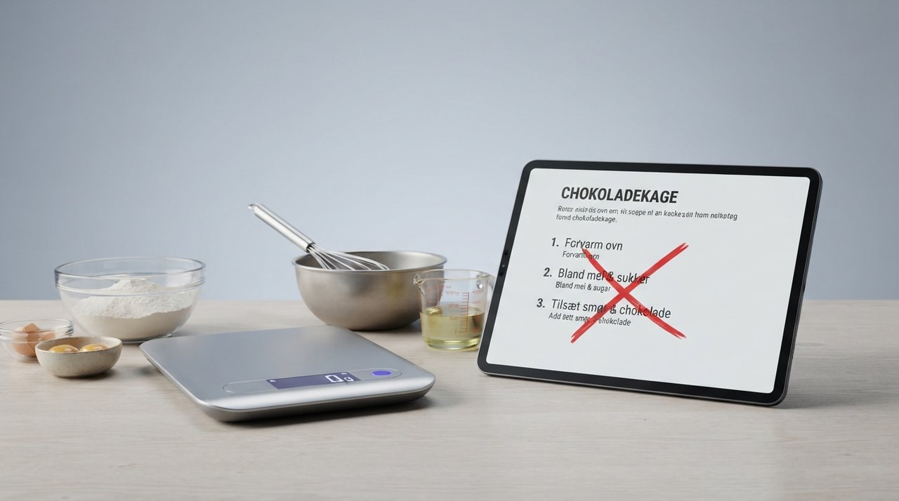 En køkkenvægt med ingredienser og en tablet, der viser en afbrudt madopskrift med et rødt kryds over trin 3.