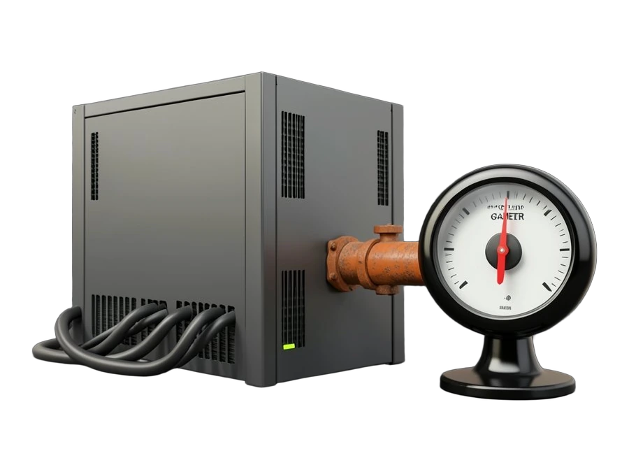 A blocky data center server rack with thick cables and cooling fins, a heavy industrial gas pipe entering its side, and a large circular gas meter with its needle pointing high bes