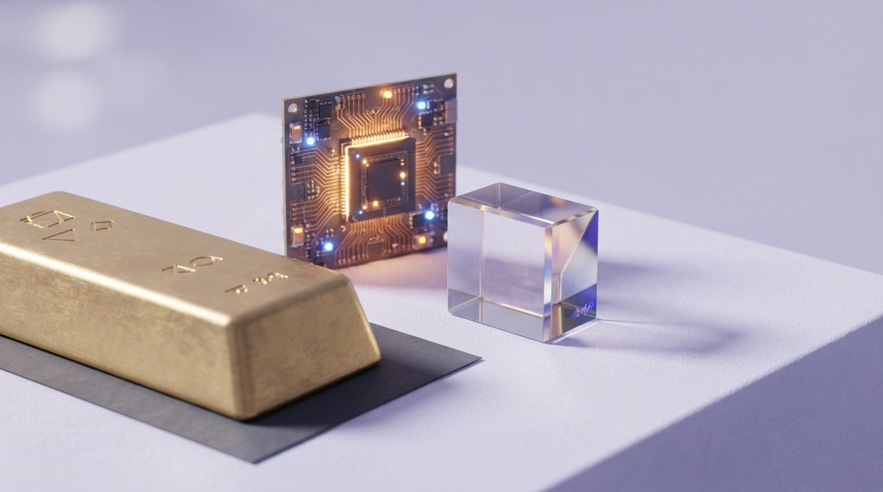 En guldbarre, en prismeglas og en mikrochip med lys i.