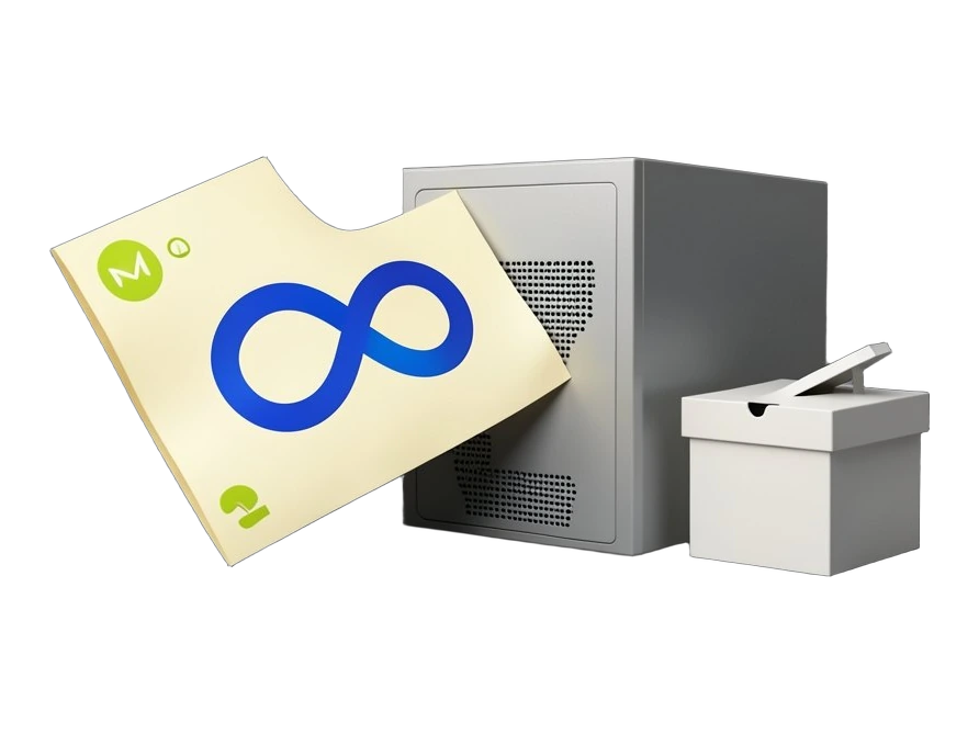 A large opaque share certificate with Meta's blue infinity-loop symbol filling a quarter of its face slides into a solid AI server block; beside it, a closed ballot box with a seal