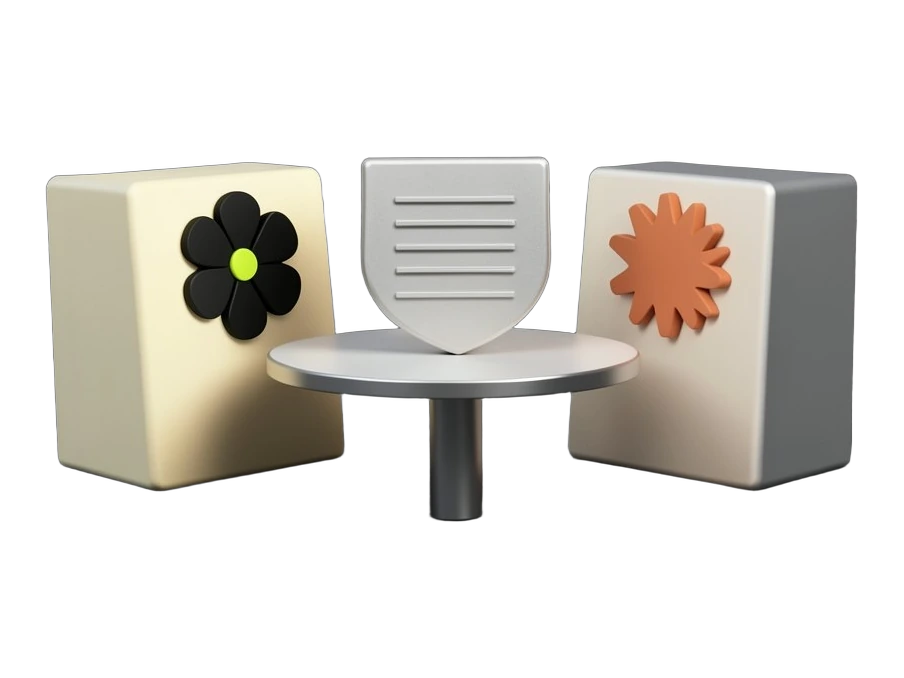 A solid black OpenAI Blossom symbol and a terracotta-orange Anthropic starburst on two opaque blocks facing each other across a round table, with a thick shield-shaped document cen