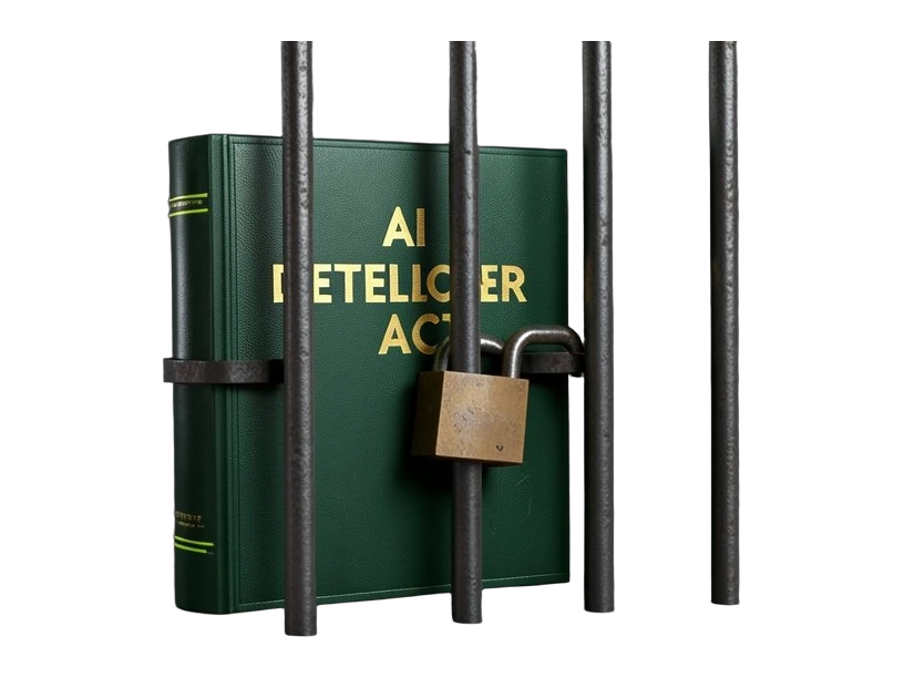 A thick solid legislation document standing upright, blocked by five heavy vertical prison bars pressed across its front, with a large solid padlock clamped over the bars, showing 