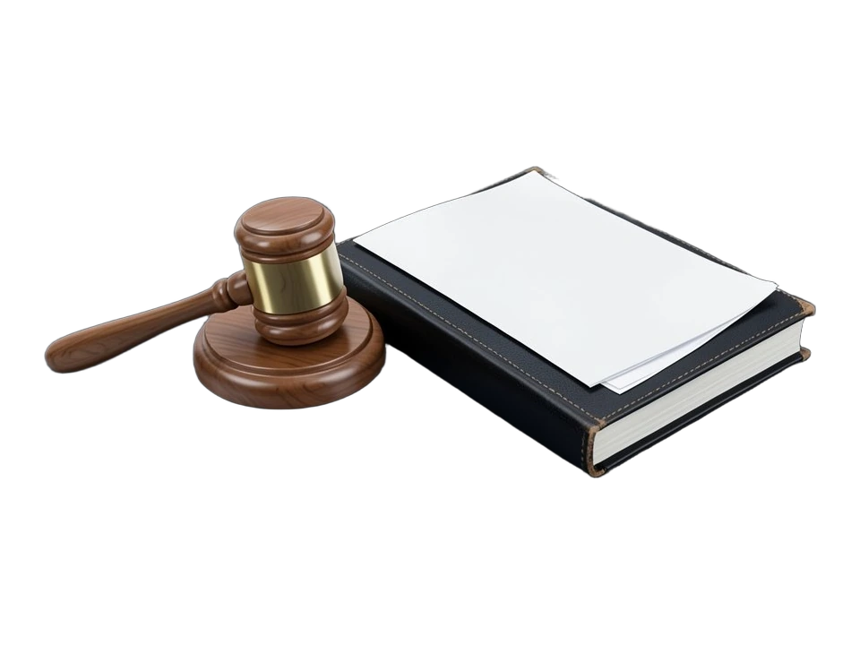 A plain wooden gavel resting flat beside a thick closed book, a blank folded document tucked under the gavel head.