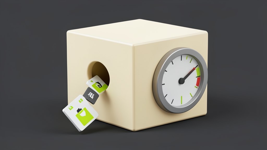 A large opaque platform cube with a wide intake slot pulls in several small solid AI-app tiles; one tile drops away below. Beside the cube, a thick circular gauge is filled just un
