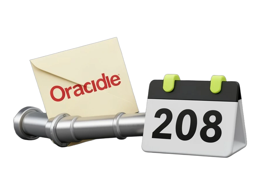A thick sealed legal notice envelope stamped with Oracle's plain red wordmark, propped against a segmented metal gas pipeline whose final pipe section is pushed out of line beside 