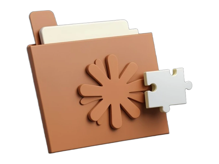 Claude's warm terracotta many-rayed asterisk centred on a solid opaque folder. A thick solid document block slides into the folder's open slot, and a small interlocking puzzle-tab 