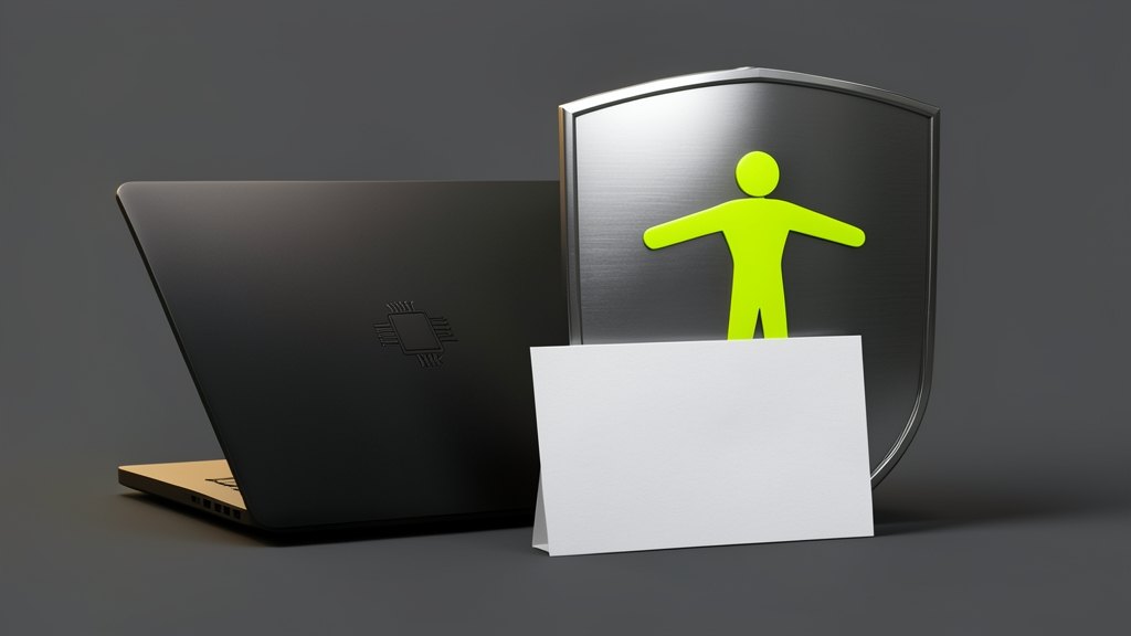 A thick closed laptop and a solid upright shield bearing a simple humanist emblem of a spread-armed figure; the shield stands between the laptop and a sealed exemption form. The la