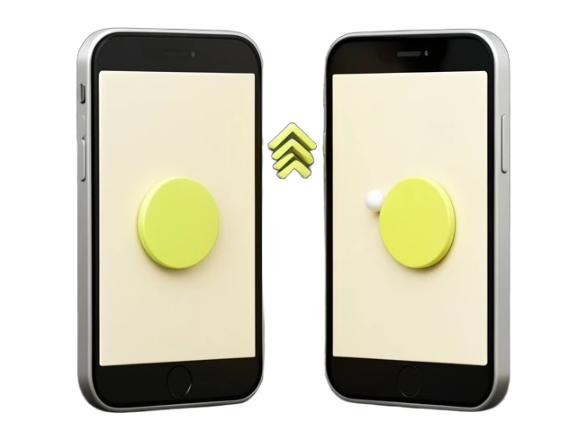 Two solid smartphone-shaped slabs stand side by side, one emitting a short sound-pip represented by a compact stack of thick chevron arcs, and the other receiving the same arcs thr
