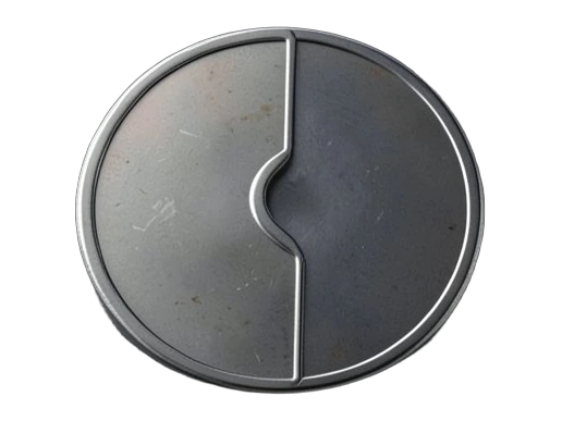 A single thick solid coin split by a clean seam into two unequal halves, one half slightly tilted away from the other.
