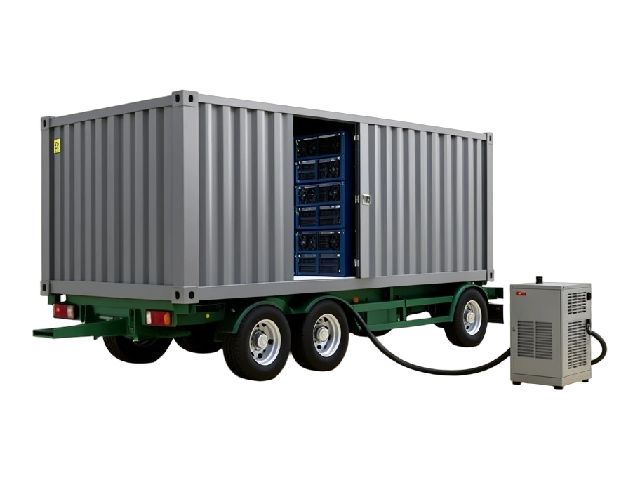 A large, solid rectangular modular AI data-centre container with thick ribbed walls, mounted on a truck trailer; an open side panel reveals stacked, solid GPU server racks inside. 
