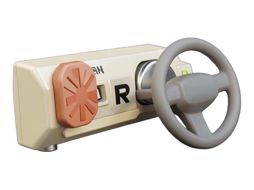 A solid car key-fob shaped panel marked with Anthropic's terracotta-orange asterisk starburst slots into a larger slot on a chunky dashboard block marked with Rivian's R, showing a
