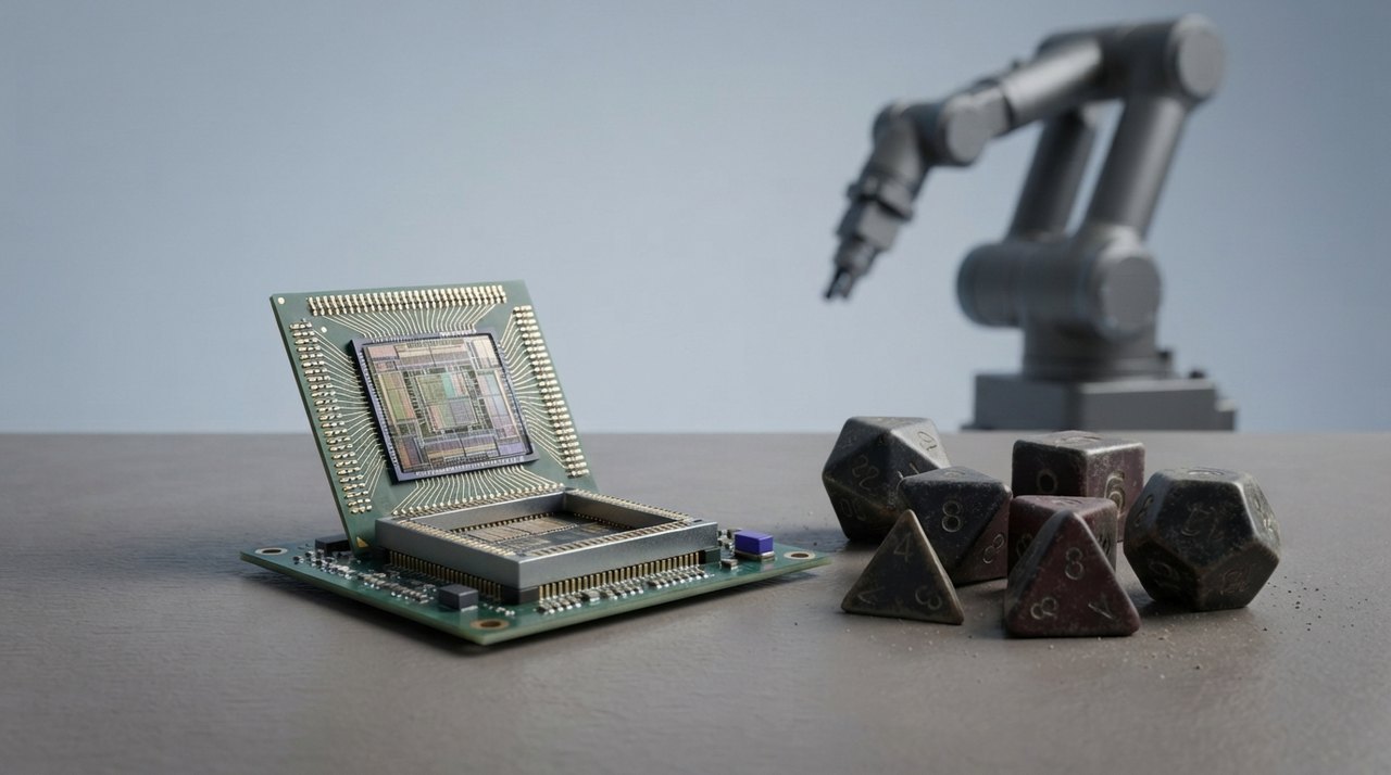 En åben mikrochip med et støvet terningesæt ved siden af, på et bord med en robotarm i baggrunden.