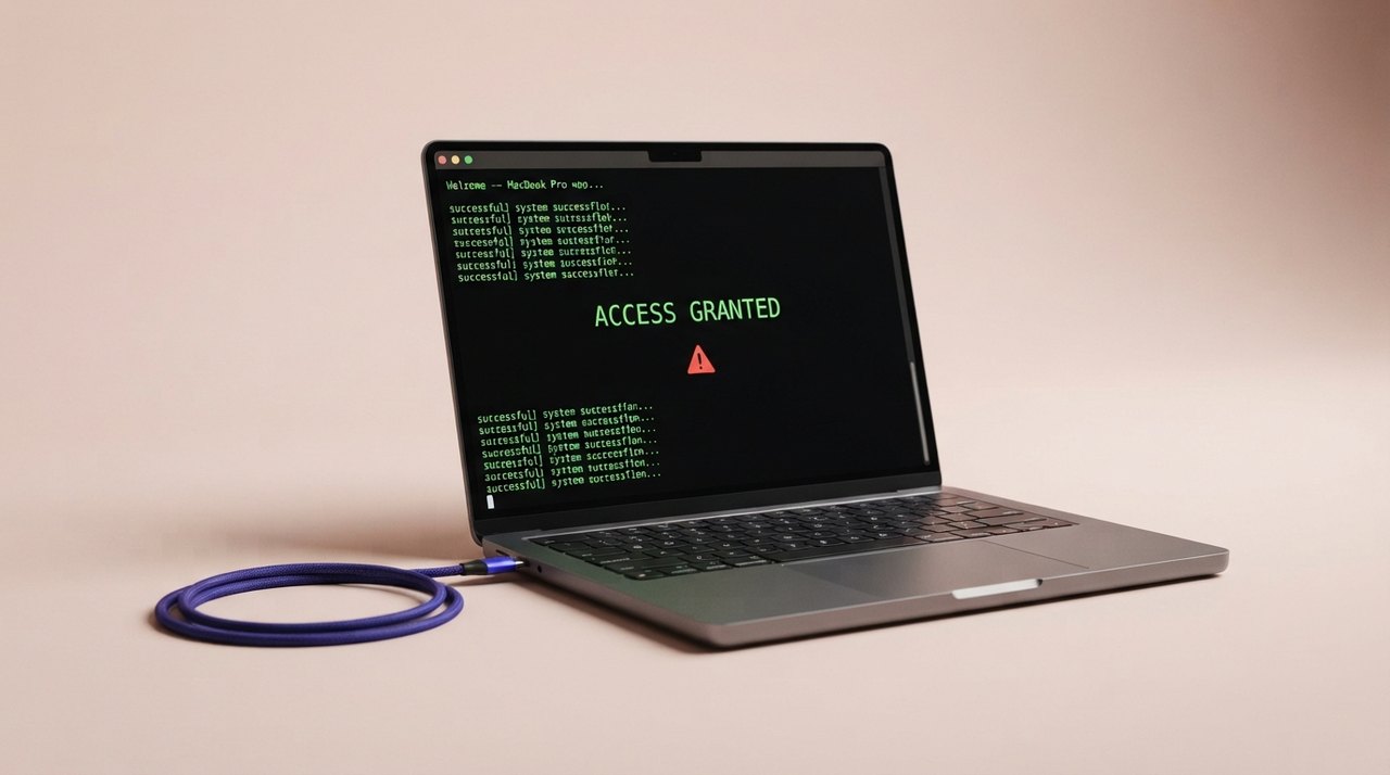 En åben bærbar computer med en sort kommandolinje, hvor der står 'ACCESS GRANTED' med grøn skrift, og på skærmen ses en lille rød advarselstrekant.