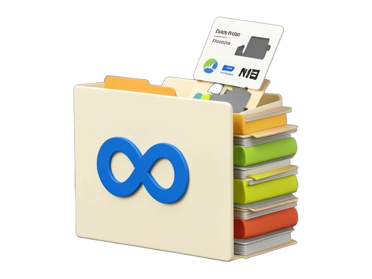 A wide solid folder stamped with Meta's blue infinity-loop mark, spilling a stack of file cards and a nested directory tree of smaller solid tabs across its front, with one file ca