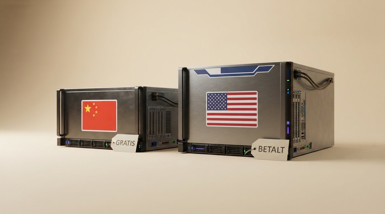 En bunke serverracks med både kinesiske og amerikanske flagmærkater, prisskilt på 'gratis' ved siden af en 'betalt' løsning.