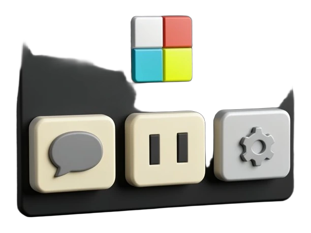 A solid dark app panel with Microsoft's four-colour square logo front and centre at the top, carrying three chunky attached tabs side by side: one holding a rounded chat bubble, on