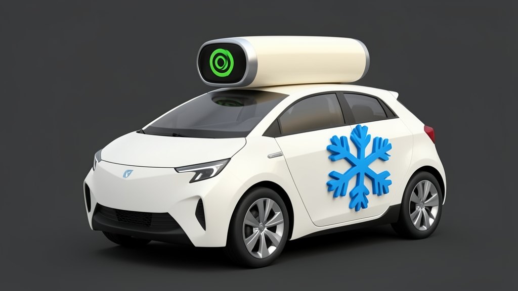 A solid white robotaxi with a thick roof sensor pod bearing the green NVIDIA eye-swirl logo, plus a large blue snowflake attached to its side; the car faces forward, and the pod co
