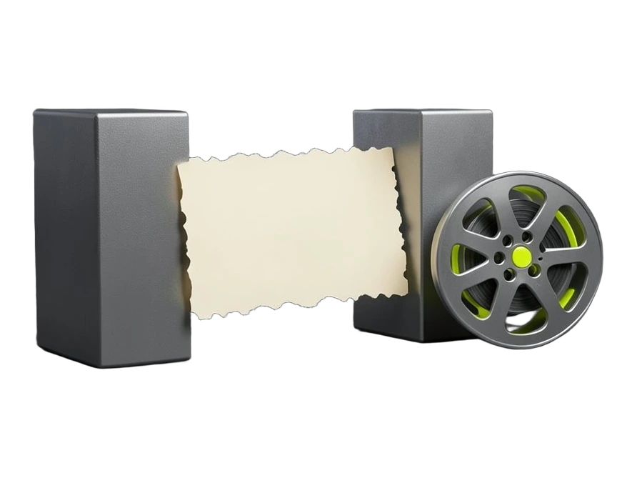A solid cinema ticket stub shape with a jagged edge, pressed between two thick clamping blocks representing corporate pressure, with a small film-reel emblem beside it.