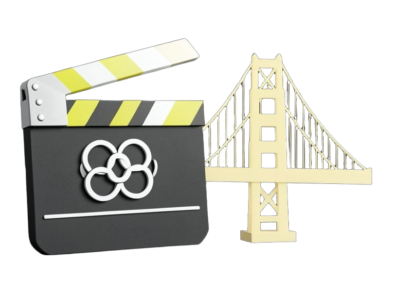 A film clapperboard with a solid slate body, the OpenAI interwoven six-loop Blossom symbol printed in white on its front, and a separate solid Golden Gate Bridge tower silhouette r