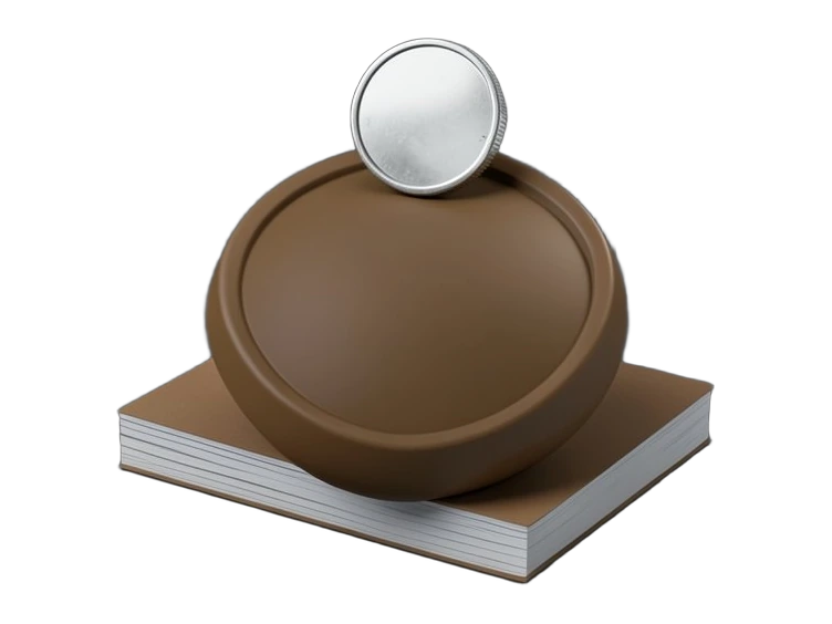 A solid rounded shield rests on a short stack of blank cards, with one plain metal coin balanced on the shield's top edge.
