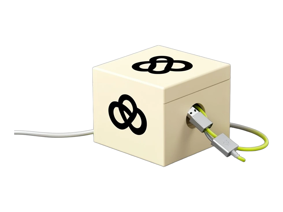 A solid sealed test box with OpenAI's black six-loop Blossom symbol on its lid, its air-gap network cable unplugged and lying outside, while a small USB stick and one escape line s