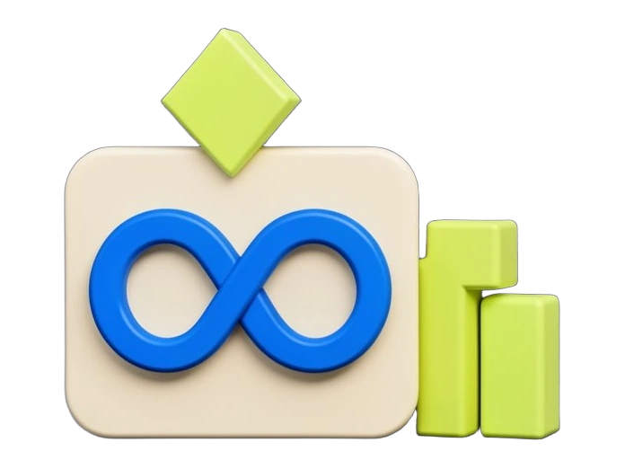 Meta's solid blue infinity-loop symbol, large and front-facing, centred on an opaque app tile, with a thick upward download arrow rising above the tile and three stacked solid bars