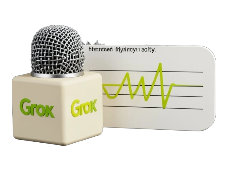 A chunky opaque microphone block faces forward, its flat front bearing the Grok product mark. Three bold waveform bars leave its grille and arrive on a thick rounded card as neat,