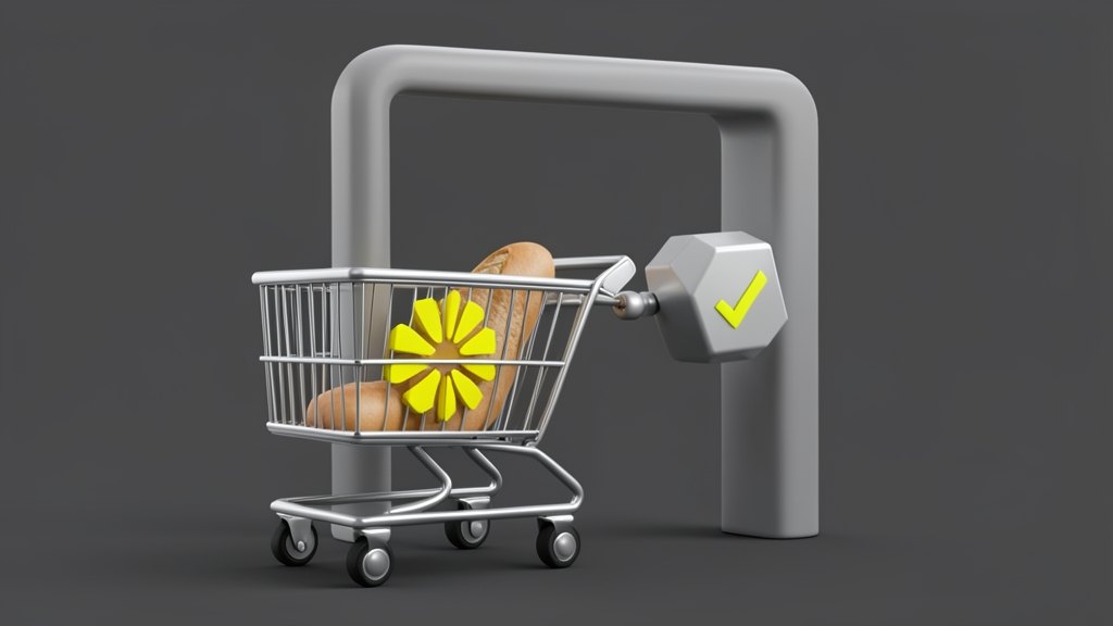 A large solid shopping cart bearing the yellow six-ray Walmart spark on its front; a compact hexagonal AI-agent token with a check-mark badge pushes the cart through a thick rectan